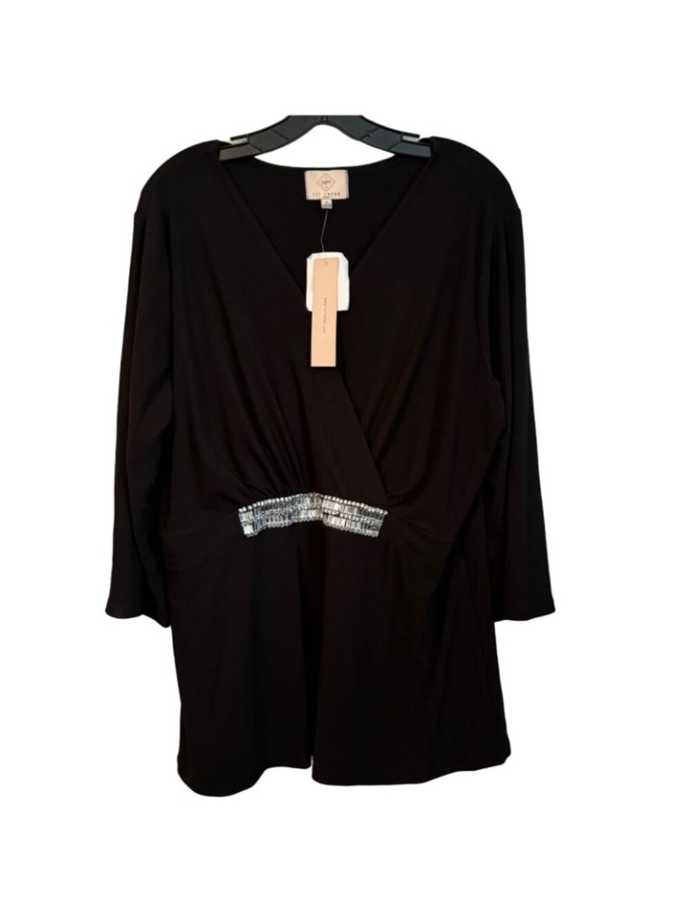 727 Trend Black Top Sequin Belt Accent V-Neck Long Sleeve Size 1X Blouse. NWT - Picture 6 of 12